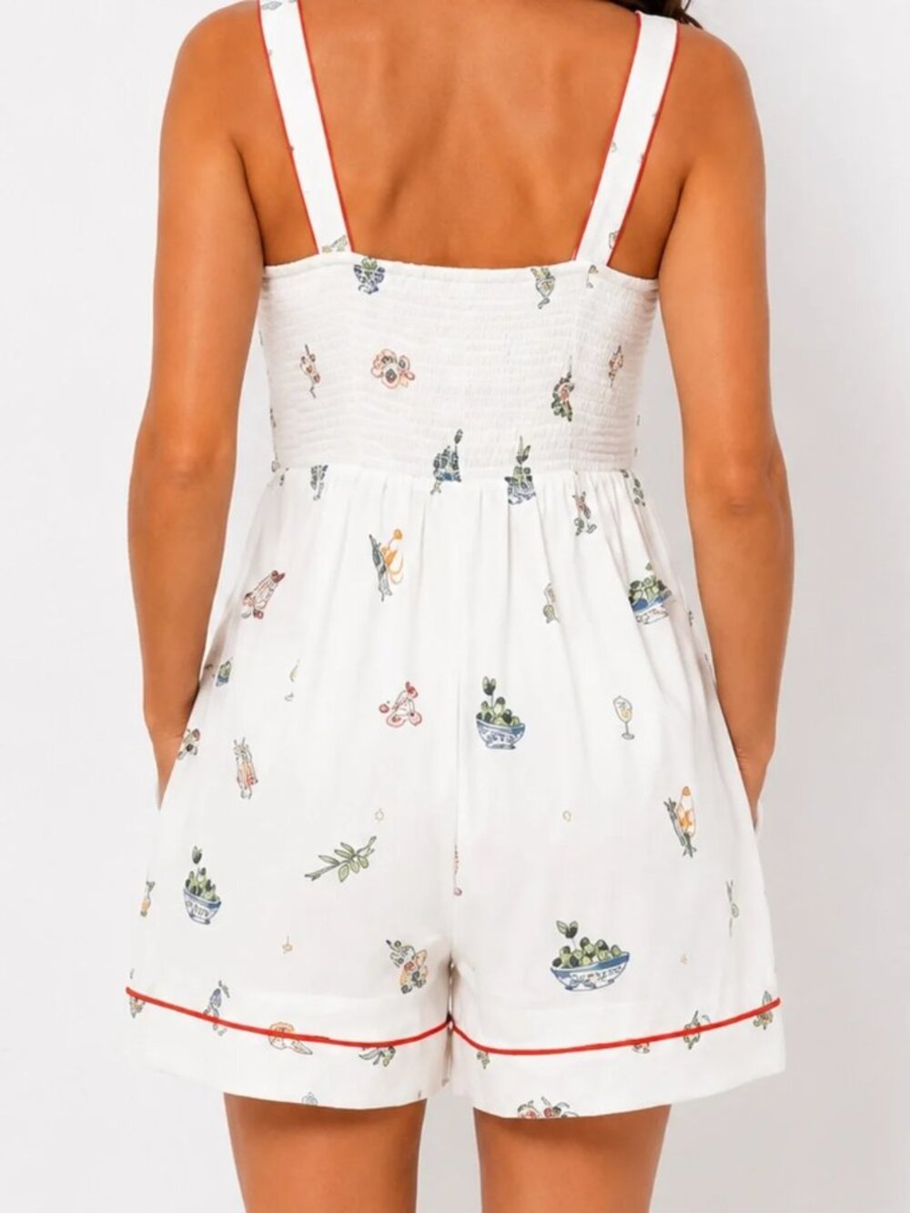 New Caroline Constas Embroidered Motif Print Linen Blend Shorts Romper Med NWT - Picture 4 of 4